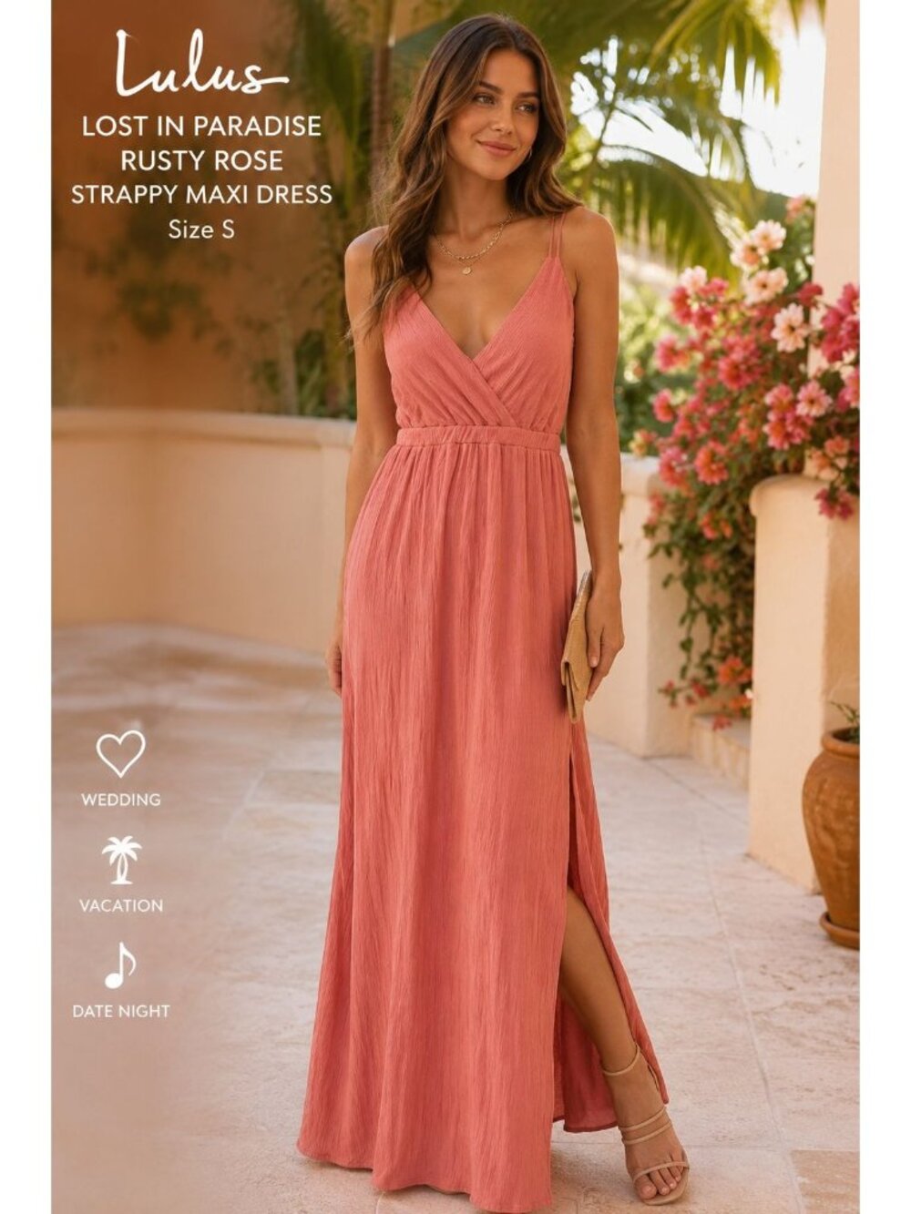 Lulus Lost in Paradise Rusty Rose Strappy Maxi Dress Size S  Wedding Vacation